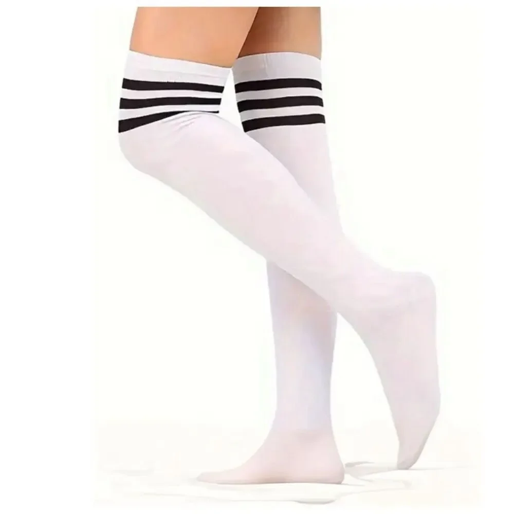 White Thigh-High Socks With Black 3-Stripe Over-Knee-One Size